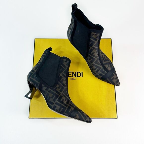 FENDI Colibri Mesh Leather Chelsea Booties Size 37.5 Brown Black FF Ankle Boots - Picture 3 of 15